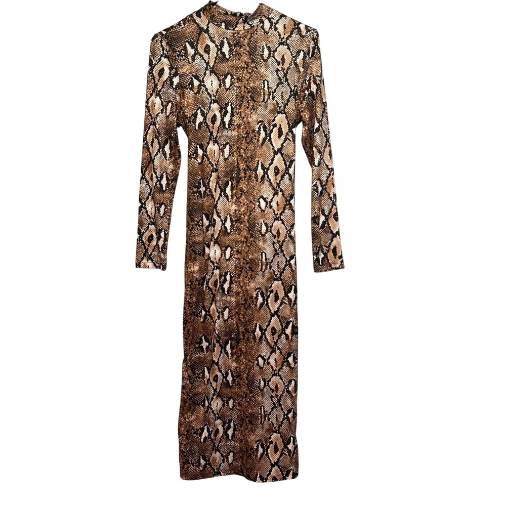 Snakeskin Bodycon Maxi Dress Womens Medium Brown Long Sleeve Mock Neck‎ Tie